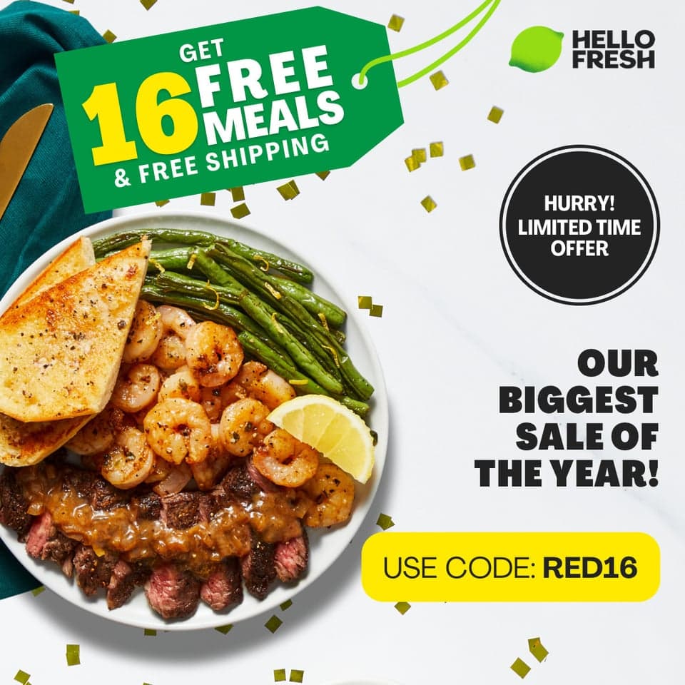 Tired of meal planning and grocery shopping? Let HelloFresh do the work for you! Our delicious meal kits feature fresh, nutritious ingredients and easy-to-follow recipes. Order now and get 16 FREE meals with code RED16. Say hello to stress-free dinners and goodbye to mealtime hassle!