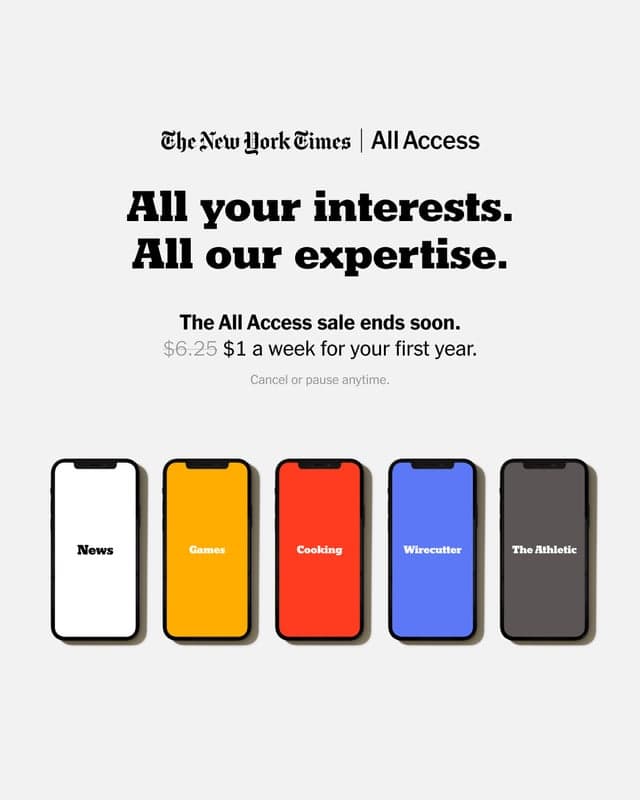 All the News. All the Games. All the Cooking. All the Wirecutter. All The Athletic. All together in one subscription. But you don't have all the time in the world, because the All Access sale ends soon. Subscribe now.